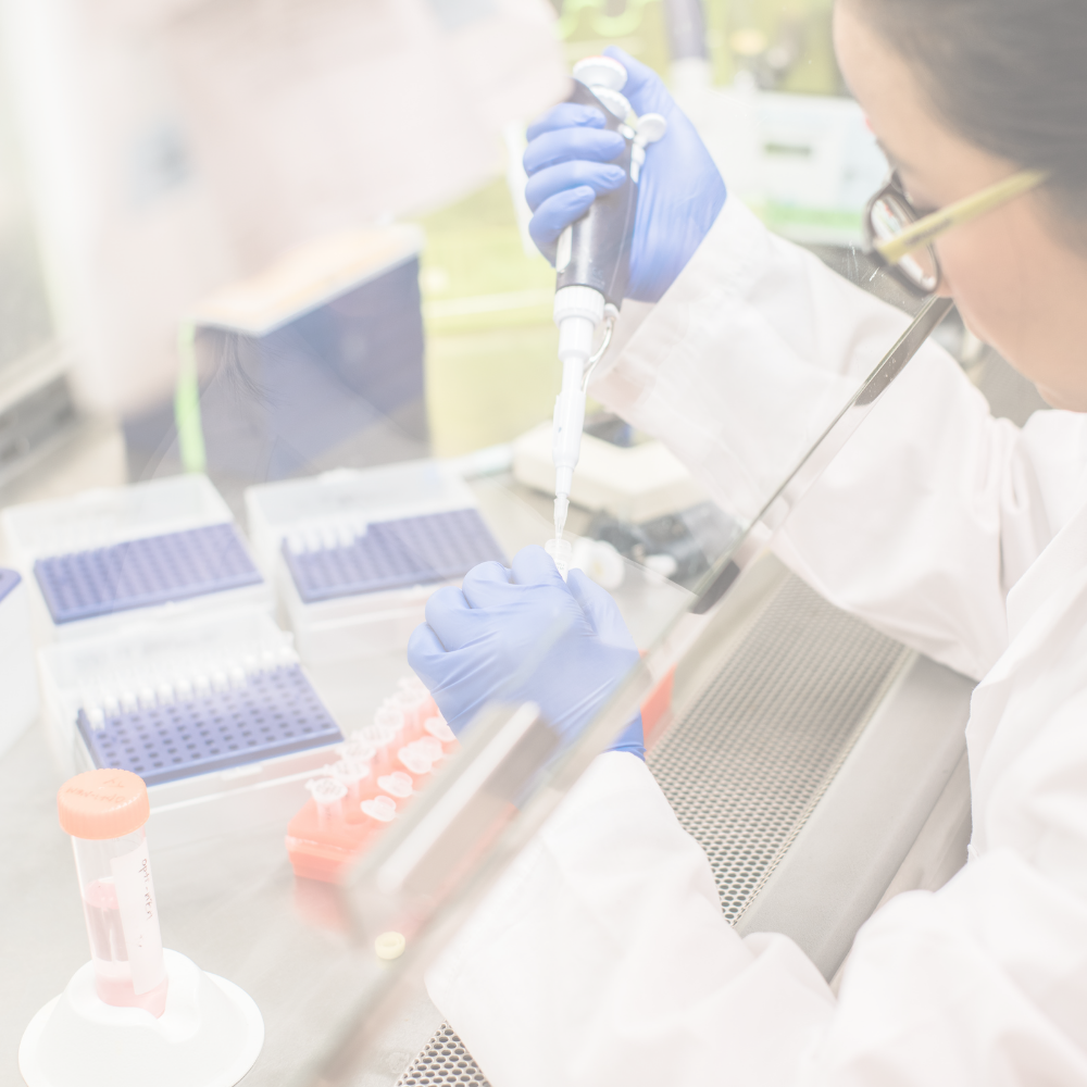 person performing a pipetting procedure in a laboratory setting. The individual is wearing a white lab coat and blue gloves, handling a pipette and working with several rows of test tubes and sample trays, which are commonly used in scientific research and medical laboratory settings.