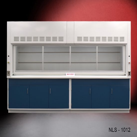 laboratory fume hood with a spacious work area, and blue storage cabinets below. The fume hood has ventilation slots at the top and a clear sash that can be raised or lowered to access the work space. The storage cabinets underneath are colored blue, contrasting with the white of the fume hood. The background gradually shifts from a dark red at the top to black at the bottom, which puts the focus on the fume hood.