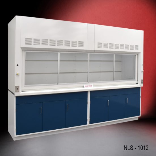 white laboratory fume hood with a spacious work area, and blue storage cabinets below. The fume hood has ventilation slots at the top and a clear sash that can be raised or lowered to access the work space. The storage cabinets underneath are colored blue, contrasting with the white of the fume hood. The background gradually shifts from a dark red at the top to black at the bottom, which puts the focus on the fume hood.