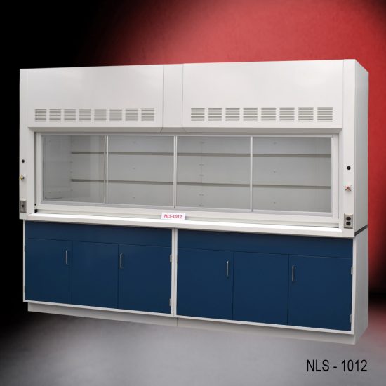 large, white laboratory fume hood with a spacious work area, and blue storage cabinets below. The fume hood has ventilation slots at the top and a clear sash that can be raised or lowered to access the work space. The storage cabinets underneath are colored blue, contrasting with the white of the fume hood. The background gradually shifts from a dark red at the top to black at the bottom, which puts the focus on the fume hood.