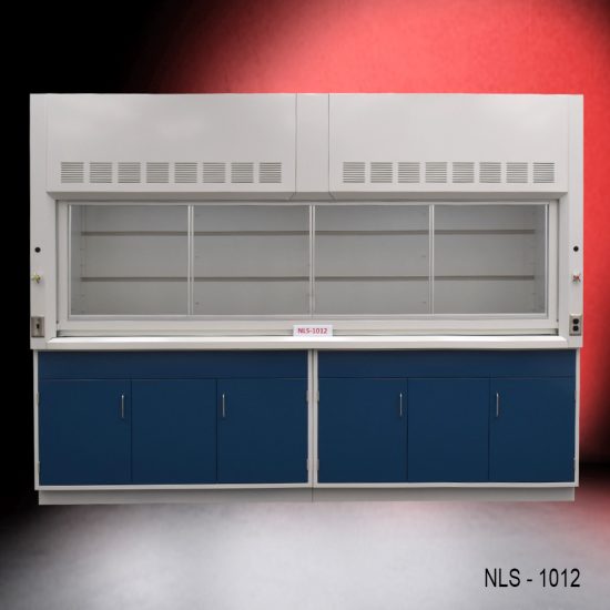 large, white laboratory fume hood with a spacious work area, and blue storage cabinets below. The fume hood has ventilation slots at the top and a clear sash that can be raised or lowered to access the work space. The storage cabinets underneath are colored blue, contrasting with the white of the fume hood. This setup is commonly used in scientific research laboratories to protect users from inhaling or being exposed to hazardous fumes, vapors, or dust.