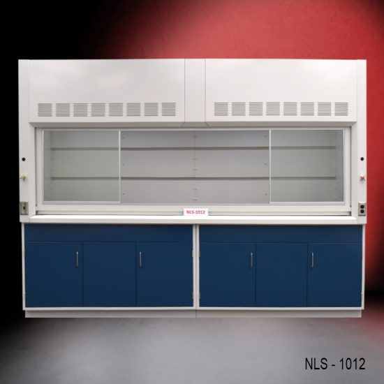 large, white laboratory fume hood with a spacious work area, and blue storage cabinets below. The fume hood has ventilation slots at the top and a clear sash that can be raised or lowered to access the work space. The storage cabinets underneath are colored blue, contrasting with the white of the fume hood. The background gradually shifts from a dark red at the top to black at the bottom, which puts the focus on the fume hood. This setup is commonly used in scientific research laboratories to protect users from inhaling or being exposed to hazardous fumes, vapors, or dust.