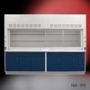 large, white laboratory fume hood with a spacious work area, and storage cabinets below. The fume hood has ventilation slots at the top and a clear sash that can be raised or lowered to access the work space. The storage cabinets underneath are colored blue, contrasting with the white of the fume hood. The background gradually shifts from a dark red at the top to black at the bottom, which puts the focus on the fume hood. This setup is commonly used in scientific research laboratories to protect users from inhaling or being exposed to hazardous fumes, vapors, or dust.