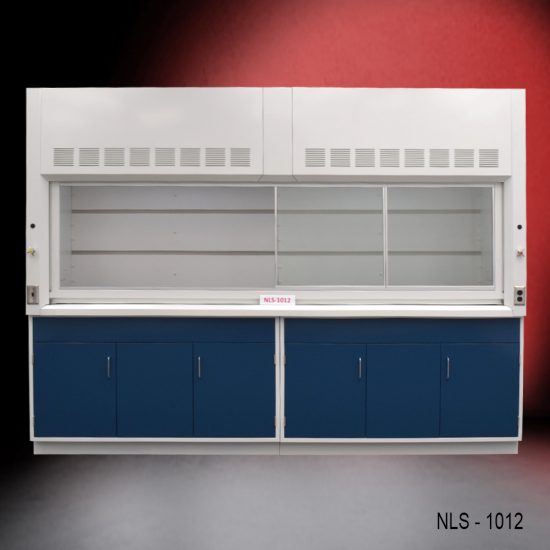 large, white laboratory fume hood with a spacious work area, and storage cabinets below. The fume hood has ventilation slots at the top and a clear sash that can be raised or lowered to access the work space. The storage cabinets underneath are colored blue, contrasting with the white of the fume hood. The background gradually shifts from a dark red at the top to black at the bottom, which puts the focus on the fume hood. This setup is commonly used in scientific research laboratories to protect users from inhaling or being exposed to hazardous fumes, vapors, or dust.