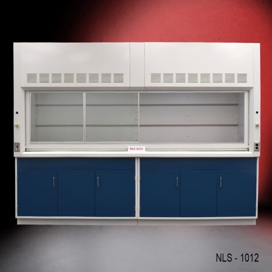 large, white laboratory fume hood with a spacious work area, and storage cabinets below, labeled with "NLS - 1012" on a small tag on the hood's face. The fume hood has ventilation slots at the top and a clear sash that can be raised or lowered to access the work space. The storage cabinets underneath are colored blue, contrasting with the white of the fume hood. The background gradually shifts from a dark red at the top to black at the bottom, which puts the focus on the fume hood. This setup is commonly used in scientific research laboratories to protect users from inhaling or being exposed to hazardous fumes, vapors, or dust.