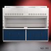 large, white laboratory fume hood with a spacious work area, and storage cabinets below, labeled with "NLS - 1012" on the lower right side of the hood and also on a small tag on the hood's face. The fume hood has ventilation slots at the top and a clear sash that can be raised or lowered to access the work space. The storage cabinets underneath are colored blue, contrasting with the white of the fume hood. The background gradually shifts from a dark red at the top to black at the bottom, which puts the focus on the fume hood. This setup is commonly used in scientific research laboratories to protect users from inhaling or being exposed to hazardous fumes, vapors, or dust.