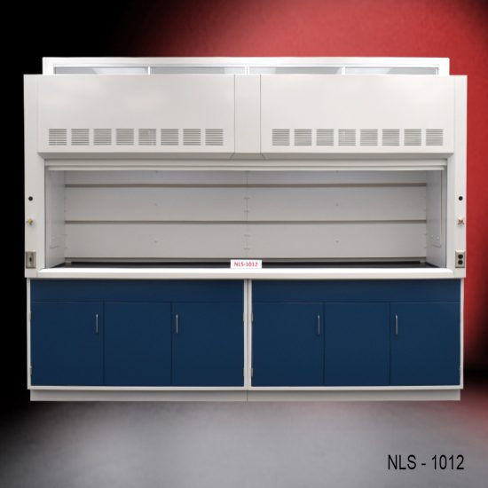 large, white laboratory fume hood with a spacious work area, and storage cabinets below, labeled with "NLS - 1012" on the lower right side of the hood and also on a small tag on the hood's face. The fume hood has ventilation slots at the top and a clear sash that can be raised or lowered to access the work space. The storage cabinets underneath are colored blue, contrasting with the white of the fume hood. The background gradually shifts from a dark red at the top to black at the bottom, which puts the focus on the fume hood. This setup is commonly used in scientific research laboratories to protect users from inhaling or being exposed to hazardous fumes, vapors, or dust.
