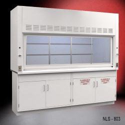 wide left corner front view of 8′ Fisher American Fume Hood w/ Flammable & General Storage