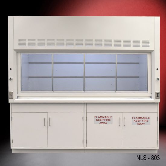 wide front view of 8′ Fisher American Fume Hood w/ Flammable & General Storage with fume doors closed