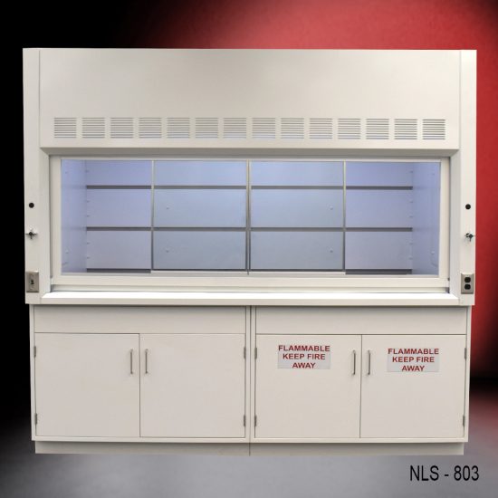 wide front view of 8′ Fisher American Fume Hood w/ Flammable & General Storage with fume doors in the middle