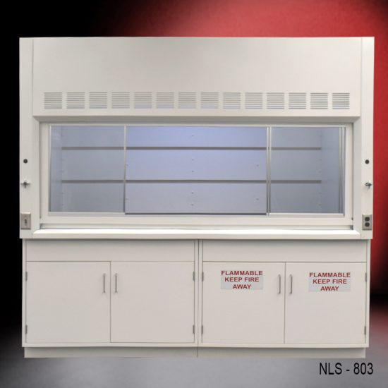 wide front view of 8′ Fisher American Fume Hood w/ Flammable & General Storage with fume doors split on each side