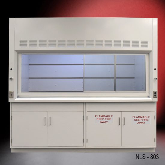 wide front view of 8′ Fisher American Fume Hood w/ Flammable & General Storage with fume doors to the right