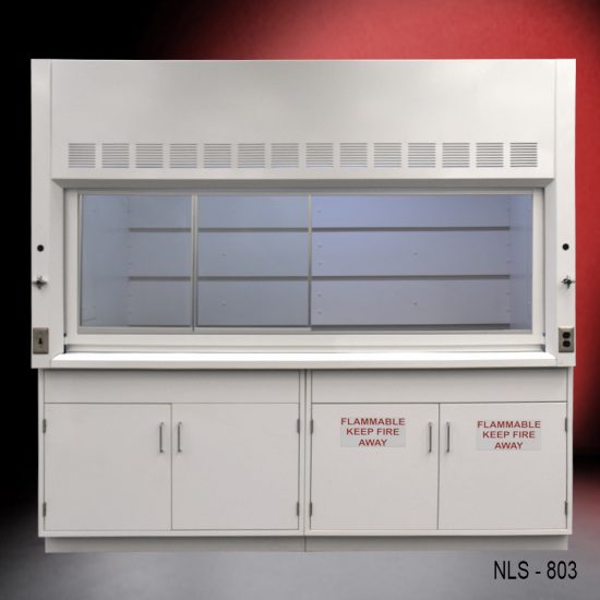 wide front view of 8′ Fisher American Fume Hood w/ Flammable & General Storage with fume doors to the left