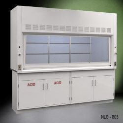 Full front left corner view 8′ Fisher American Fume Hood w/ Acid & General Cabinets