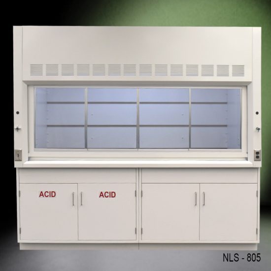 Full front view 8′ Fisher American Fume Hood w/ Acid & General Cabinets with fume doors in the middle