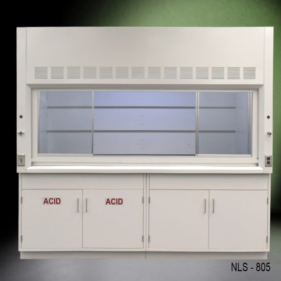 Full front view 8′ Fisher American Fume Hood w/ Acid & General Cabinets with fume doors split