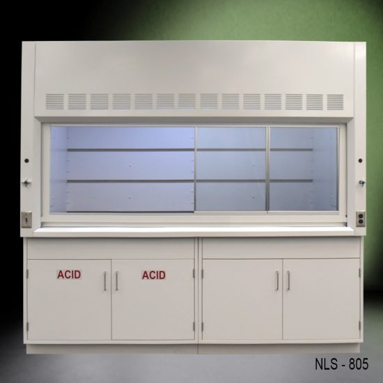 Full front view 8′ Fisher American Fume Hood w/ Acid & General Cabinets with fume doors to the right side