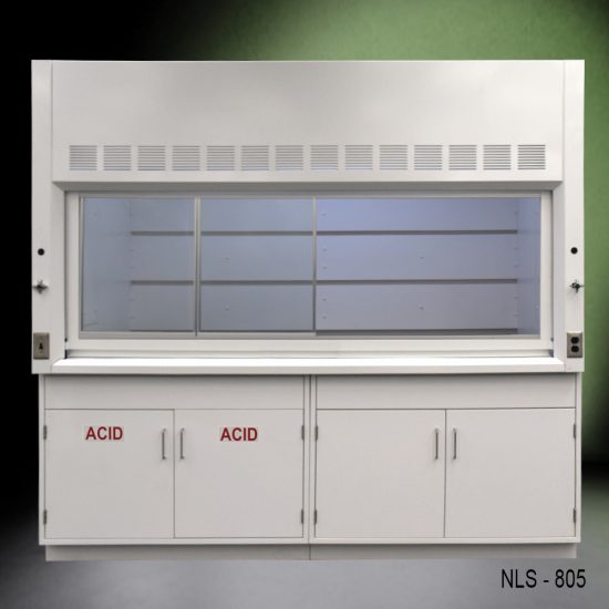 Full front view 8′ Fisher American Fume Hood w/ Acid & General Cabinets with fume doors to the left side