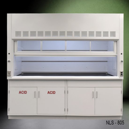 Full wide front view 8′ Fisher American Fume Hood w/ Acid & General Cabinets with fume doors pulled up