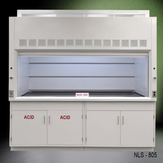 Full wide front view 8′ Fisher American Fume Hood w/ Acid & General Cabinets