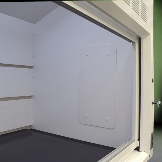 Inside right corner view 8′ Fisher American Fume Hood w/ Acid & General Cabinets