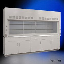 Front left corner view 10' Fisher American Fume Hood w/ General Storage Cabinets