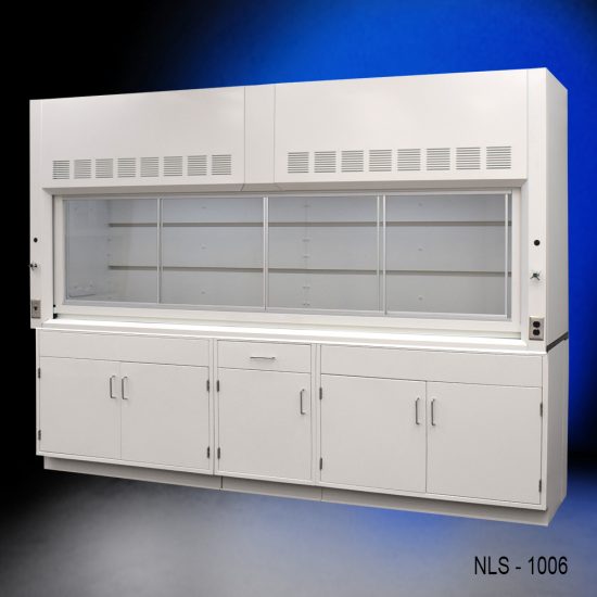Full right corner Front view 10' Fisher American Fume Hood w/ General Storage Cabinets