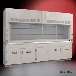 Left Corner Front view 10' Fisher American Fume Hood w/ ACID Storage Cabinets