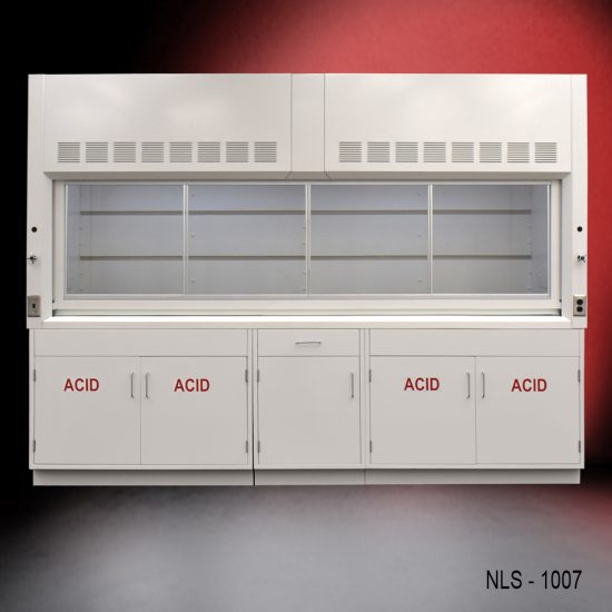 Front view 10' Fisher American Fume Hood w/ ACID Storage Cabinets