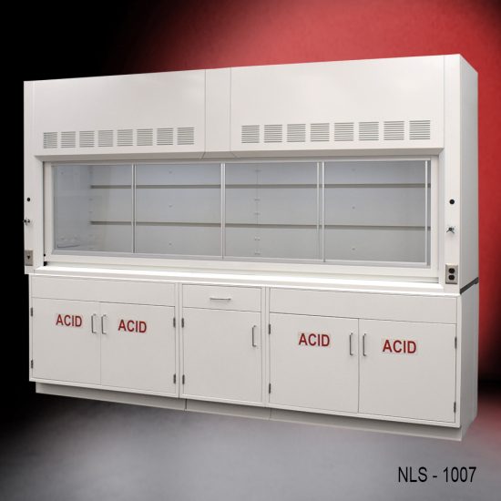 Right Corner Front view 10' Fisher American Fume Hood w/ ACID Storage Cabinets
