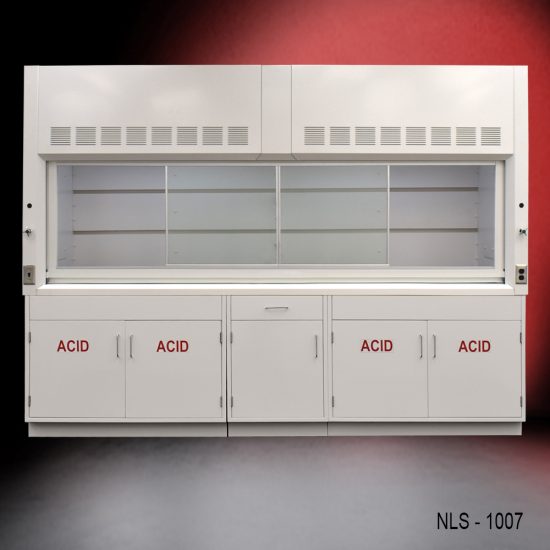 Full Front view 10' Fisher American Fume Hood w/ ACID Storage Cabinets fume doors in middle