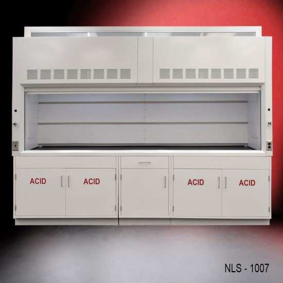 Full Wide Front view 10' Fisher American Fume Hood w/ ACID Storage Cabinets