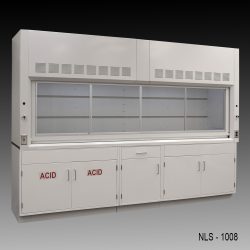 Front left corner view of 10' Fisher American Fume Hood w/ ACID & General Storage Cabinets