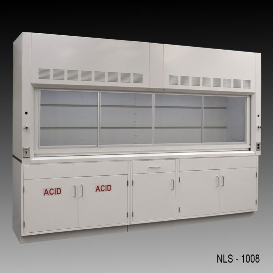 Front left corner view of 10' Fisher American Fume Hood w/ ACID & General Storage Cabinets