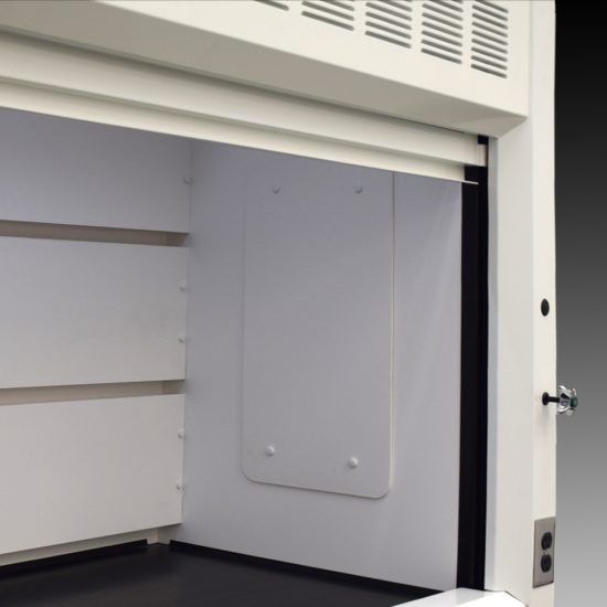 Inside right corner view 10' Fisher American Fume Hood w/ ACID & General Storage Cabinets