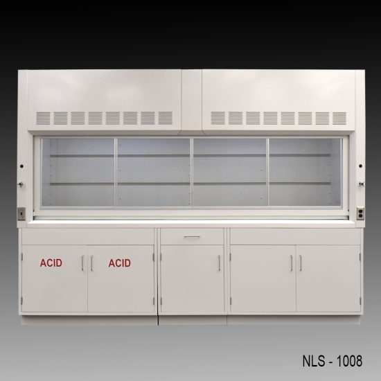 Front view of 10' Fisher American Fume Hood w/ ACID & General Storage Cabinets