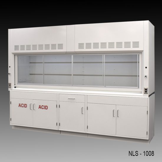 Front right corner view of 10' Fisher American Fume Hood w/ ACID & General Storage Cabinets