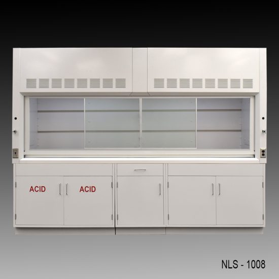 Front view of 10' Fisher American Fume Hood w/ ACID & General Storage Cabinets fume doors in middle