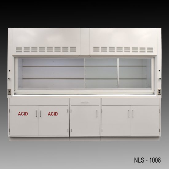 Front view of 10' Fisher American Fume Hood w/ ACID & General Storage Cabinets fume doors to right