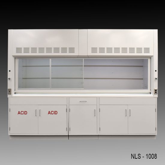 Front view of 10' Fisher American Fume Hood w/ ACID & General Storage Cabinets fume doors to left