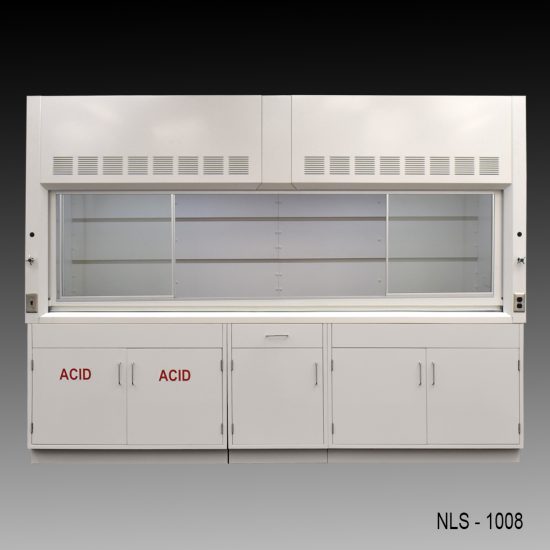 Front view of 10' Fisher American Fume Hood w/ ACID & General Storage Cabinets fume doors split