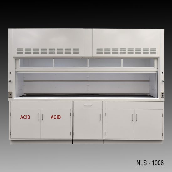 Full Front view of 10' Fisher American Fume Hood w/ ACID & General Storage Cabinets