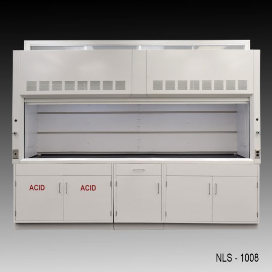 Full Wide Front view of 10' Fisher American Fume Hood w/ ACID & General Storage Cabinets