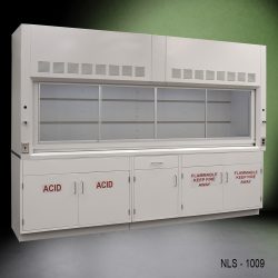 Full left corner view of 10' Fisher American Chemical Fume Hood w/ ACID & Flammable Storage