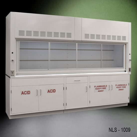 Full left corner view of 10' Fisher American Chemical Fume Hood w/ ACID & Flammable Storage