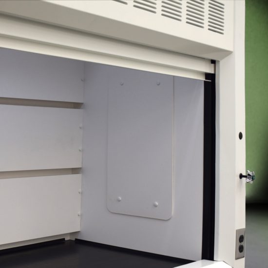 Inside right corner view of 10' Fisher American Chemical Fume Hood w/ ACID & Flammable Storage