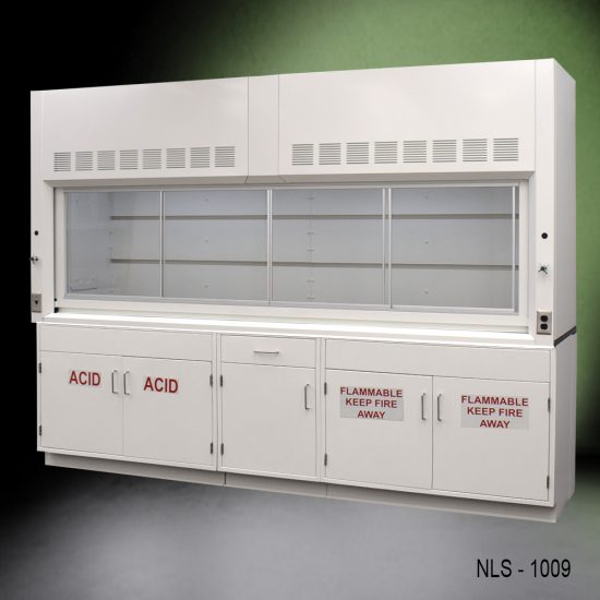 Front Right Corner Full view of 10' Fisher American Chemical Fume Hood w/ ACID & Flammable Storage