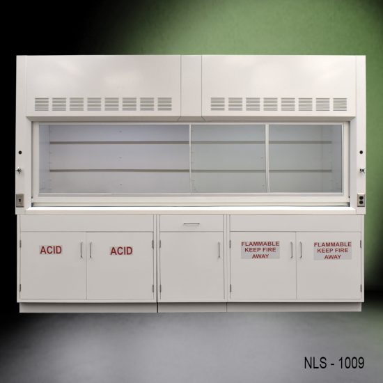 Full view of 10' Fisher American Chemical Fume Hood w/ ACID & Flammable Storage with fume doors to right