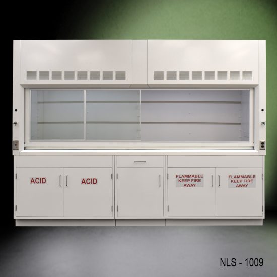 Full view of 10' Fisher American Chemical Fume Hood w/ ACID & Flammable Storage with fume doors to left