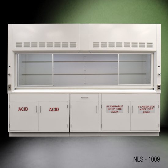 Full view of 10' Fisher American Chemical Fume Hood w/ ACID & Flammable Storage with fume doors split